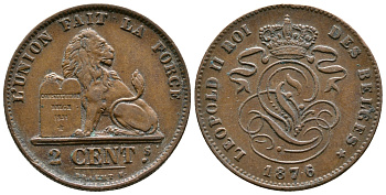 Бельгия 2 сантима 1876 Belges, Леопольд II (1865-1909) KM 35.1 медь 4364-3214