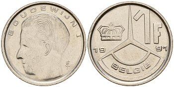Бельгия 1 франк 1991 Belgie, Бодуэн I (1951-1993) KM 171 железо плакированное никелем  UNC  4598-115