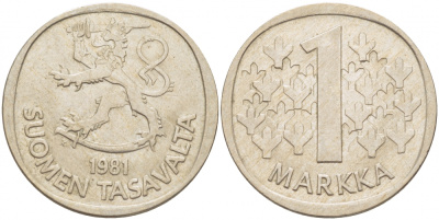 ФИНЛЯНДИЯ 1 МАРКА 1981 K KM 49а медно-никель UNC 3718-935
