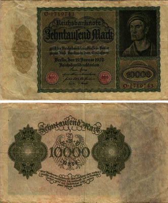 Германия 10000 марок 1922 19 января 1922, Альбрехт Дюрер, без 10000 справа Pick 71  бумага 434-4-1-2