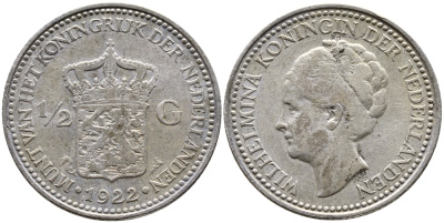Нидерланды 1/2 гульдена 1922 Вильгельмина I (1890-1948) KM 160 серебро 4388-1253
