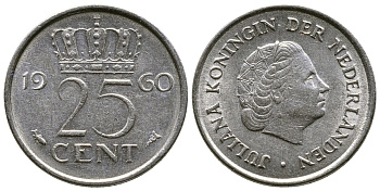 НИДЕРЛАНДЫ 25 ЦЕНТОВ 1960 ЮЛИАНА KM 183 никель 4110-1733