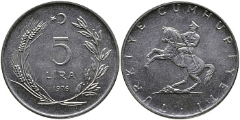 Турция 5 лир 1976 Кемаль Ататюрк KM 905 нержавеющая сталь 29-144