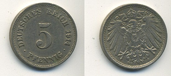 ГЕРМАНИЯ 5 ПФЕННИГОВ 1914 F, KM 11, J. 12 медно-никель 54-131