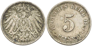 ГЕРМАНИЯ 5 ПФЕННИГОВ 1897 D KM 11, J. 12 медно-никель 206-1211