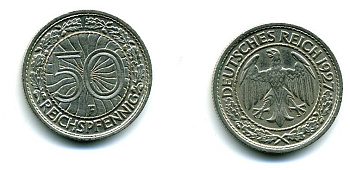 ГЕРМАНИЯ 50 РЕЙХСПФЕННИГОВ 1927 F KM 49, J. 324 никель 46-1447