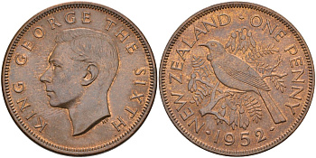 Новая Зеландия 1 пенни 1952 Георг VI (1937-1952) KM 21 бронза 4368-223