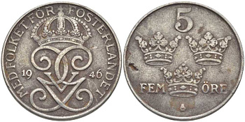 Швеция 5 эре 1946 Густав V (1907-1950) KM 812 железо 115-915