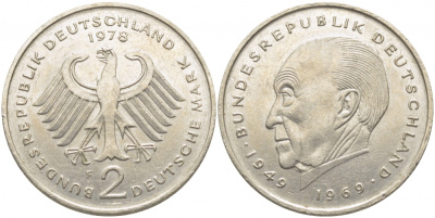 ФРГ 2 МАРКИ 1978 F, КОНРАД АДЕНАУЭР KM 124, J. 406 медно-никель плакированный никелем 3856-254