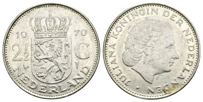 Нидерланды 2 1/2 гульдена 1970 Юлиана (1948-1980) KM 191 никель 4385-913