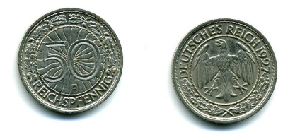 ГЕРМАНИЯ 50 РЕЙХСПФЕННИГОВ 1927 F KM 49, J. 324 никель 46-1447