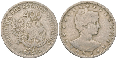 Бразилия 400 реалов 1901 MCMI, голова свободы вправо KM 505 медно-никель 4612-457