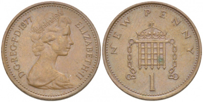 Великобритания 1 пенни 1977 Елизавета II (1952-2022) KM 915, Spink 4237 (B1) бронза 214-1054
