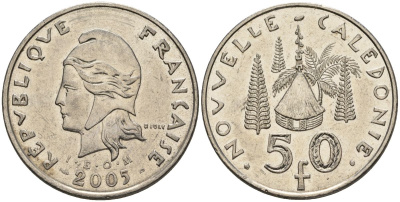 Французская Новая Каледония 50 франков 2005 хижина среди сосен и пальм, (IEOM) KM 13, Schoen 15, Lec 121 никель 4144-644