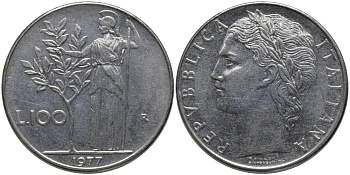 ИТАЛИЯ 100 ЛИР 1977 R, АФИНА KM 96.1 нержавеющая сталь 32-941