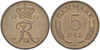 ДАНИЯ 5 ЭРЕ 1967 C; S, ФРЕДЕРИК IX (1947-1972) KM 848.1 бронза 4551-1252