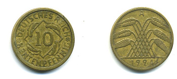 ГЕРМАНИЯ 10 РЕНТЕНПФЕННИГОВ 1924 A KM 33, J. 309, Weege 8 алюминиевая бронза 46-1335