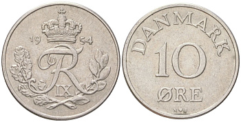 Дания 10 эре 1954 N; S, Фредерик IX (1947-1972) KM 841.2 медно-никель 4613-839
