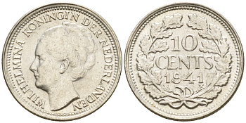 Нидерланды 10 центов 1941 Вильгельмина I (1890-1948) КМ 163 серебро  4160-1244