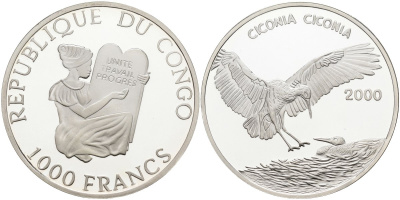 Конго 1000 франков 2000 аист KM 45 серебро PROOF 04-320-11