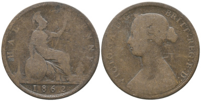 Великобритания 1/2 пенни 1862 Виктория (1837-1901) KM 748.2, Spink 3956 бронза 34-213