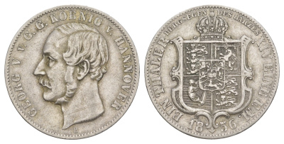 Ганновер 1 талер 1856 B, Георг V (1851-1866) KM 220, Daveenport 678, AKS 158 серебро 1523-1033