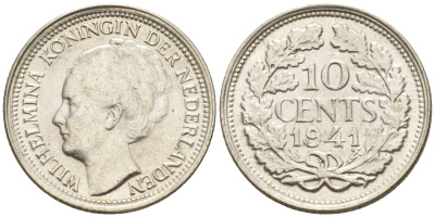 Нидерланды 10 центов 1941 Вильгельмина I (1890-1948) КМ 163 серебро  4160-1244