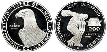 США 1 доллар 1983 XXII Олимпийские игры в Лос-Анжелесе, дискобол, S, в оригинальной коробке KM 209 серебро PROOF 00-00