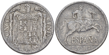 ИСПАНИЯ 5 СЕНТИМО 1941 РЫЦАРЬ НА КОНЕ KM 765 алюминий 216-515