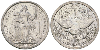 Французская Новая Каледония 1 франк 1991 птица кагу, (IEOM) KM 10, Schoen 10, Lec 51 алюминий 53-1015