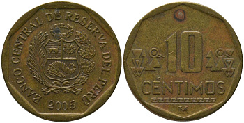 Перу 10 сентимо 2005 LIMA KM 305.4, Schon 104 латунь 4543-835