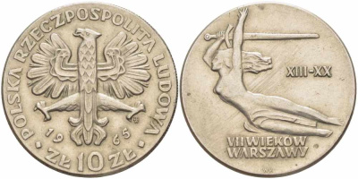 Польша 10 злотых 1965 700 лет Варшаве, богиня победы Ника с мечем KM 54 медно-никель 109-612