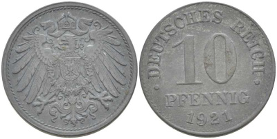 ГЕРМАНИЯ 10 ПФЕННИГОВ 1921 ВЫПУСК 1917-1922 KM 26, J. 299, Weege 8 цинк 212-841