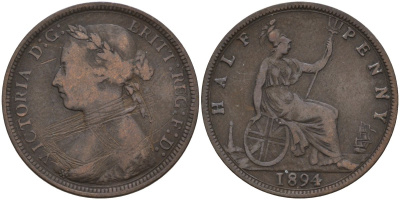 Великобритания 1/2 пенни 1894 Виктория (1837-1901) KM 754, Spink 3956 бронза 4146-111