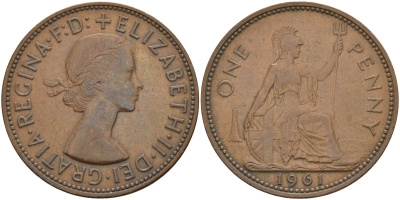 Великобритания 1 пенни 1961 Елизавета II (1952-2022) KM 897, Spink 4157 бронза 4149-815