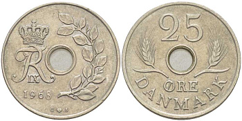 Дания 25 эре 1968 С;S, Фредерик IX (1947-1972) KM 855.1 медно-никель 94-153