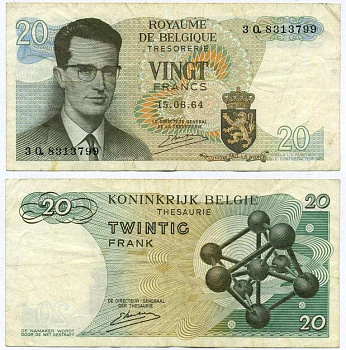 Бельгия 20 франков 1964 Бодуэн I, атомиум, Kestens Pick 138 (3) бумага 7221-61-3-1
