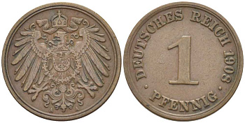 ГЕРМАНИЯ 1 ПФЕННИГ 1908 A KM 10, J. 10, Weege 2 медь 211-363