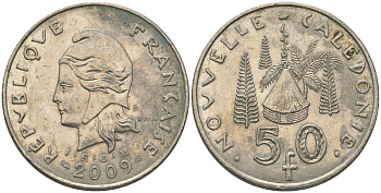 Французская Новая Каледония 50 франков 2009 хижина среди сосен и пальм, (IEOM) KM 13a, Schoen 15a, Lec 128i медно-никель 114-1135