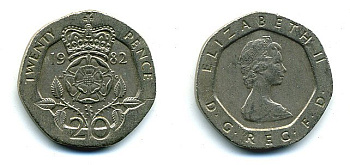 Великобритания 20 пенсов 1982 Елизавета II (1952-2022) KM 931, Spink 4230 (G1) медно-никель 4110-951