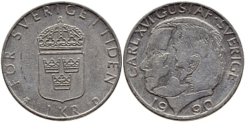 Швеция 1 крона 1990 Карл XVI Густав (1973- ) KM 852a медно-никель 4398-1217