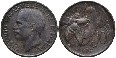 Италия 10 чентезимо 1934 R, пчела, Виктор Эммануил III (1900-1946) KM 60 бронза 4171-847