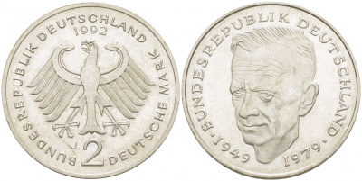 ФРГ 2 МАРКИ 1992 J, КУРТ ШУМАХЕР KM 149, J. 424 медно-никель плакированный никелем 3718-1025