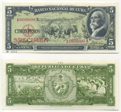 Куба 5 песо 1958 Specimen, перфорация, А000000А, красная надпечатка Pick 91s1 бумага UNC (пресс) 451-360-3