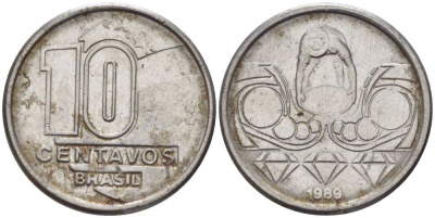 Бразилия 10 сентаво 1989 золотодобыча KM 613 нержавеющая сталь 116-619