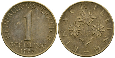 Австрия 1 шиллинг 1967 KM 2886 алюминиевая бронза 4135-153