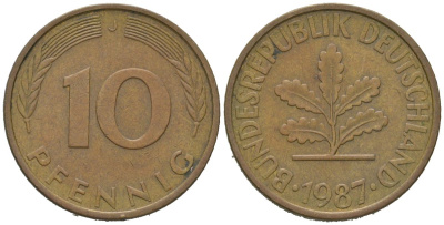 ФРГ 10 пфеннигов 1987 J KM 108, J. 383 сталь плакированная латунью 4604-1153