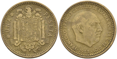 Испания 1 песета 1953 (62) Франсиско Франко (1939-1975) KM 775 алюминиевая бронза 3336-552