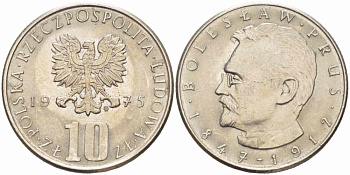 Польша 10 злотых 1975 MW, Болеслав Прус KM 73, Parchimowicz 242a медно-никель 60-1341