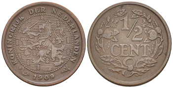 НИДЕРЛАНДЫ 1/2 ЦЕНТА 1909 ВИЛЬГЕЛЬМИНА I (1891-1948) KM 138 бронза 4547-1239